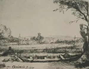 Landscape with a Canal and Large Boat by Rembrandt Van Rijn - Hand-Painted Oil Painting Reproduction