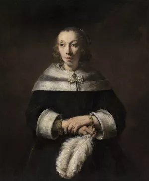 Portrait of a Lady with an Ostrich-Feather Fan by Rembrandt Van Rijn - Hand-Painted Oil Painting Reproduction