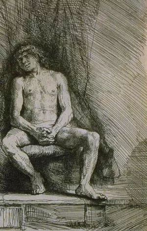 Study from the Nude Man Seated before a Curtain by Rembrandt Van Rijn - Hand-Painted Oil Painting Reproduction