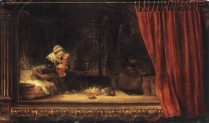 main product photo of The Holy Family with a Curtain painting by Rembrandt Van Rijn