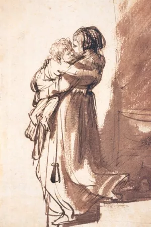 Woman and Child Descending a Staircase by Rembrandt Van Rijn - Hand-Painted Oil Painting Reproduction