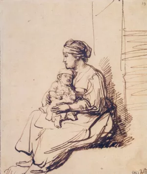 Woman with a Little Child on Her Lap by Rembrandt Van Rijn - Hand-Painted Oil Painting Reproduction