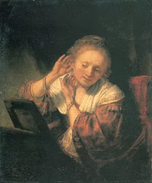 Young Woman at a Mirror by Rembrandt Van Rijn - Hand-Painted Oil Painting Reproduction