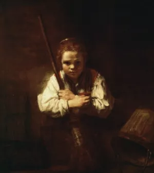 Young Woman with a Broom by Rembrandt Van Rijn - Hand-Painted Oil Painting Reproduction